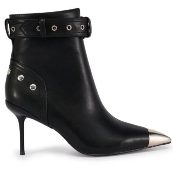 Azalea Wang Amberly Black Booties Size 7 Pointed Metallic Toe Cap Stiletto Heel - Picture 1 of 5